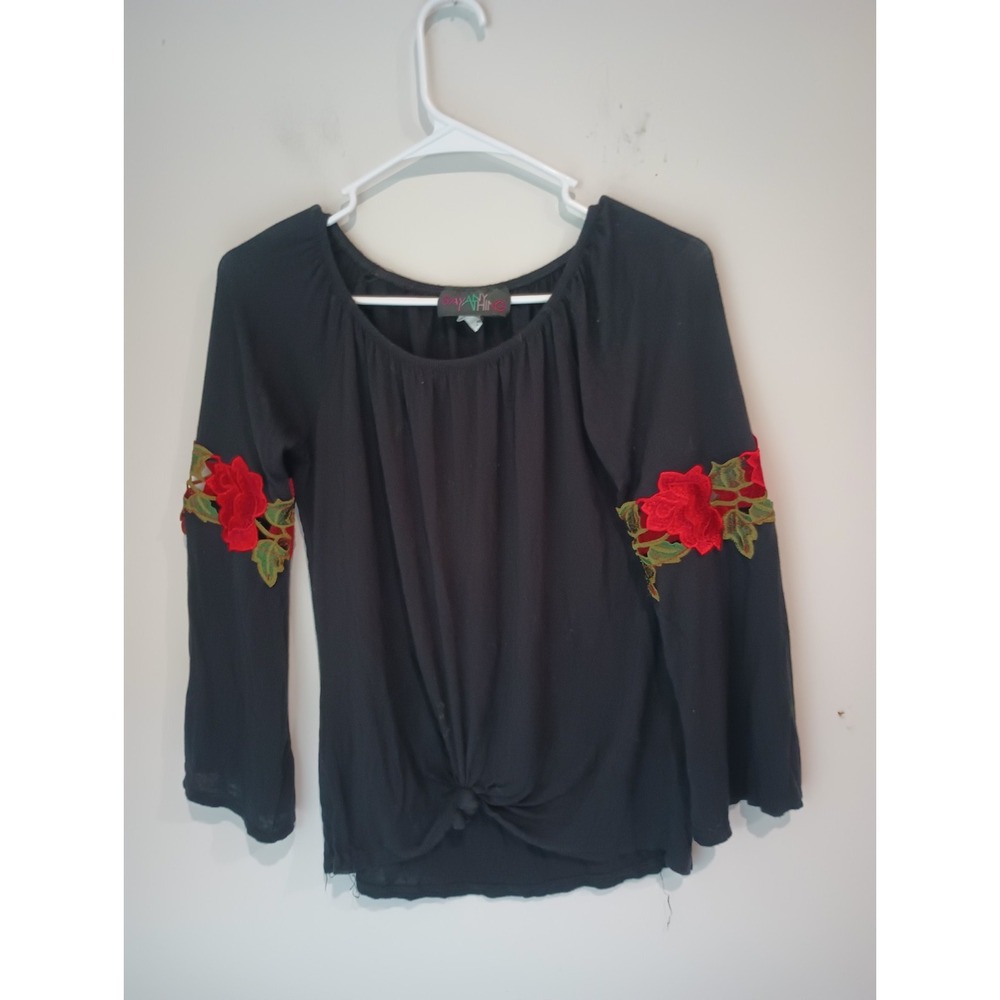 Say Anything Womens S Black Goth Rose Embroidery Bell Sleeve Front Tie Blouse